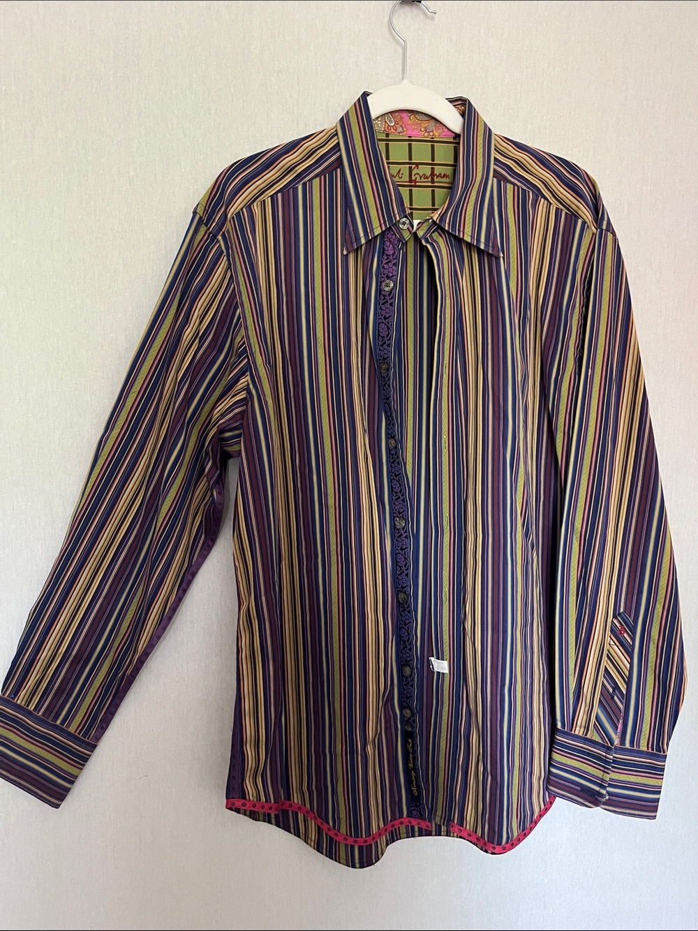Robert Graham Striped Button-Up Shirt in Purple Yellow Blue size L